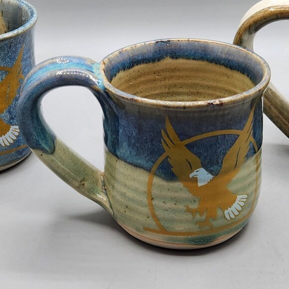 Studio Pottery Mug Thumb Rest Blue brown Drip Glaze Signed Eagle Lot Of 3 - Picture 3 of 7